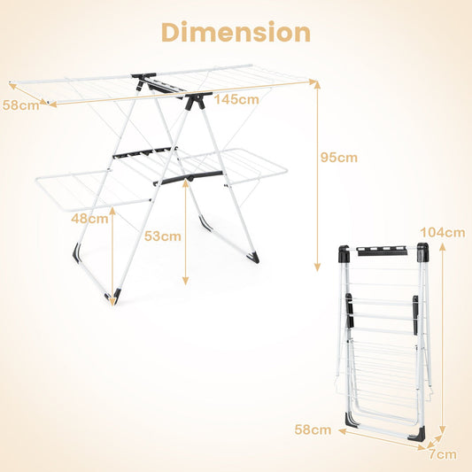 Two-tier clothes drying rack with adjustable wings provides flexible indoor and outdoor laundry drying space