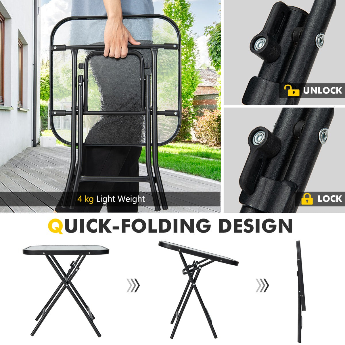 Folding Coffee Table with Tempered Glass Tabletop