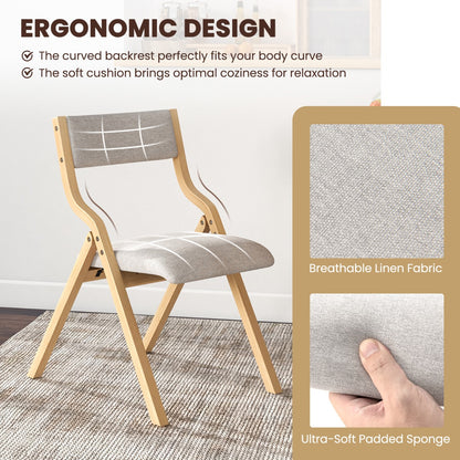 Costway Folding Dining Chair Set of 2 with Solid Wood Frame and Padded Seat-Grey