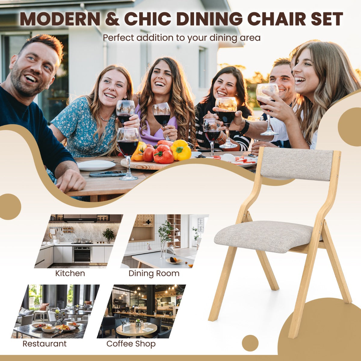 Costway Folding Dining Chair Set of 2 with Solid Wood Frame and Padded Seat-Grey