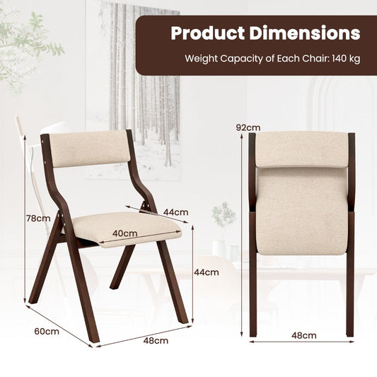 Set of two foldable dining chairs with solid bent wood frames, linen upholstery, and padded cushions