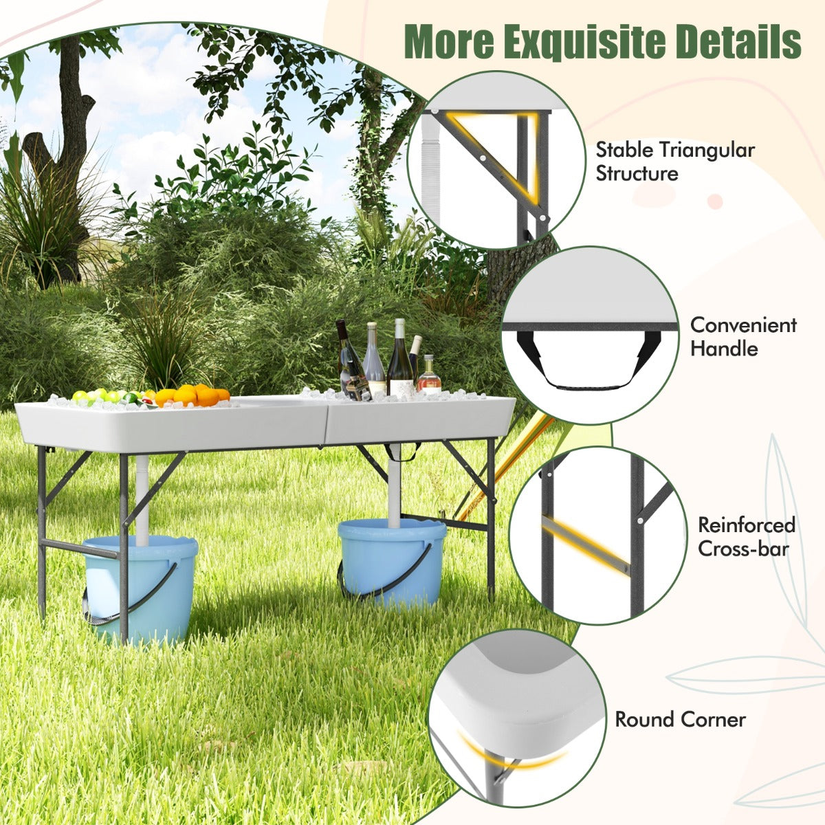 1.5M Outdoor Foldable Ice Cooler Table with Double Sinks & Detachable Skirt