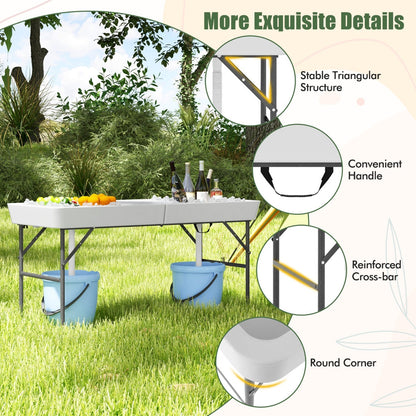 1.5M Outdoor Foldable Ice Cooler Table with Double Sinks & Detachable Skirt