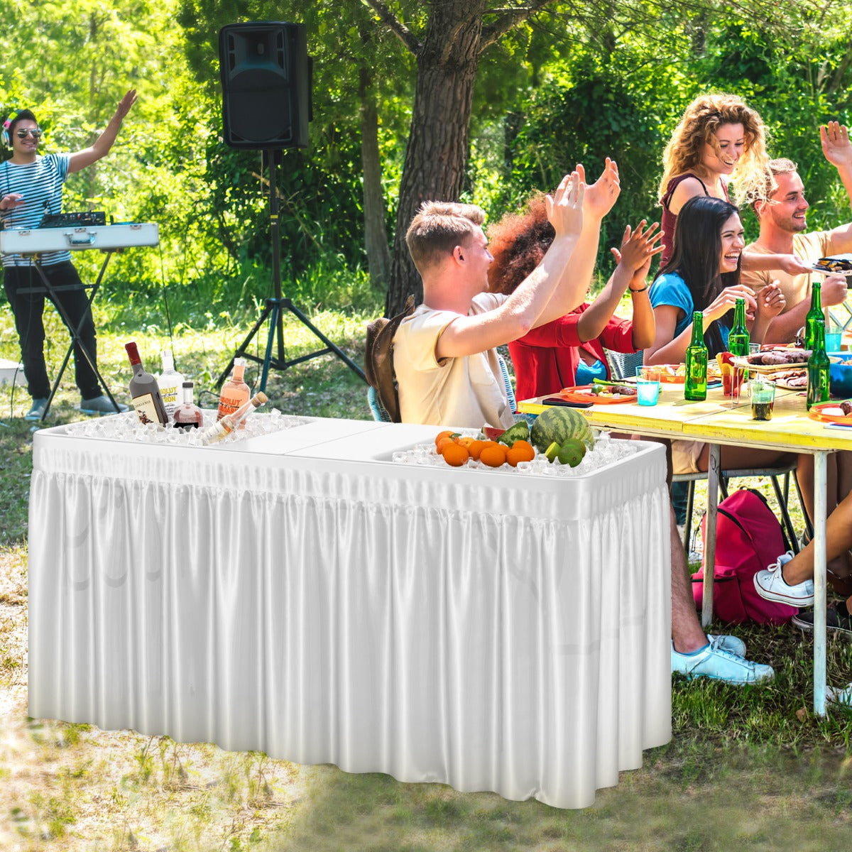 1.5M Outdoor Foldable Ice Cooler Table with Double Sinks & Detachable Skirt