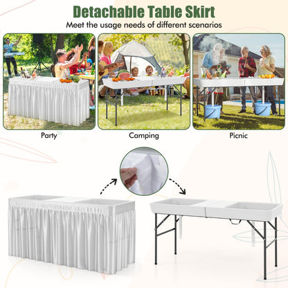 1.5M Outdoor Foldable Ice Cooler Table with Double Sinks & Detachable Skirt