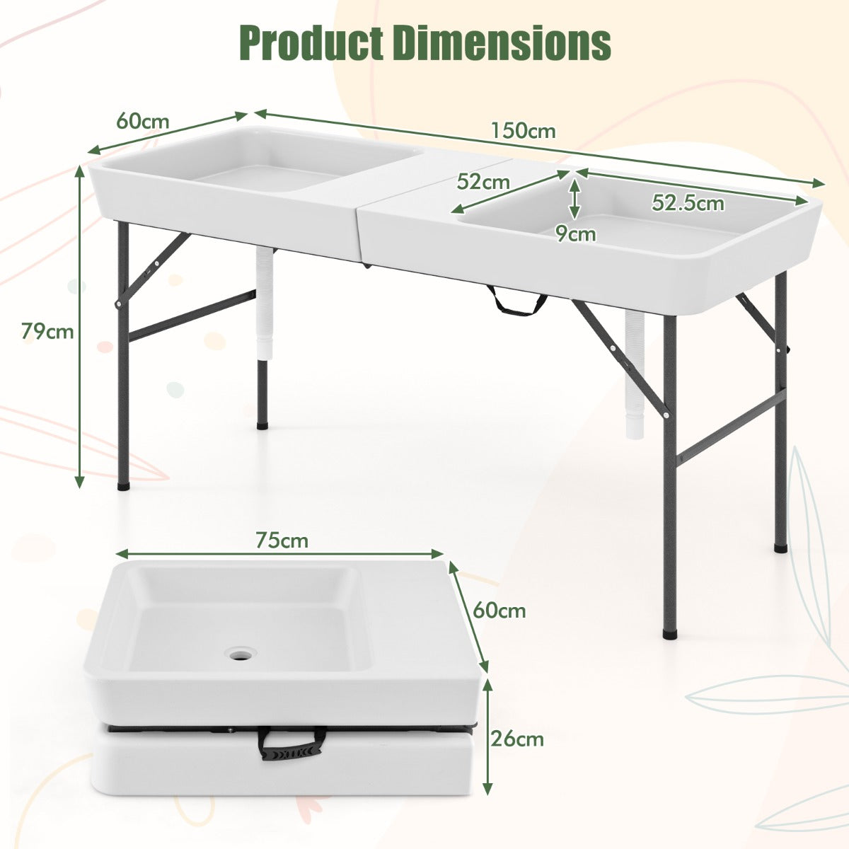 1.5M Outdoor Foldable Ice Cooler Table with Double Sinks & Detachable Skirt