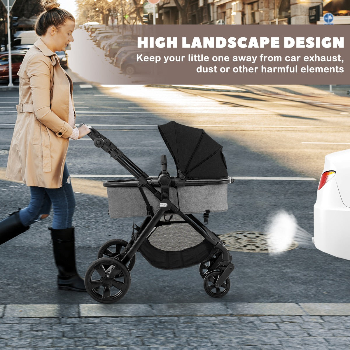 Folding Infant Stoller with Adjustable Canopy and Backrest for Kids-Black