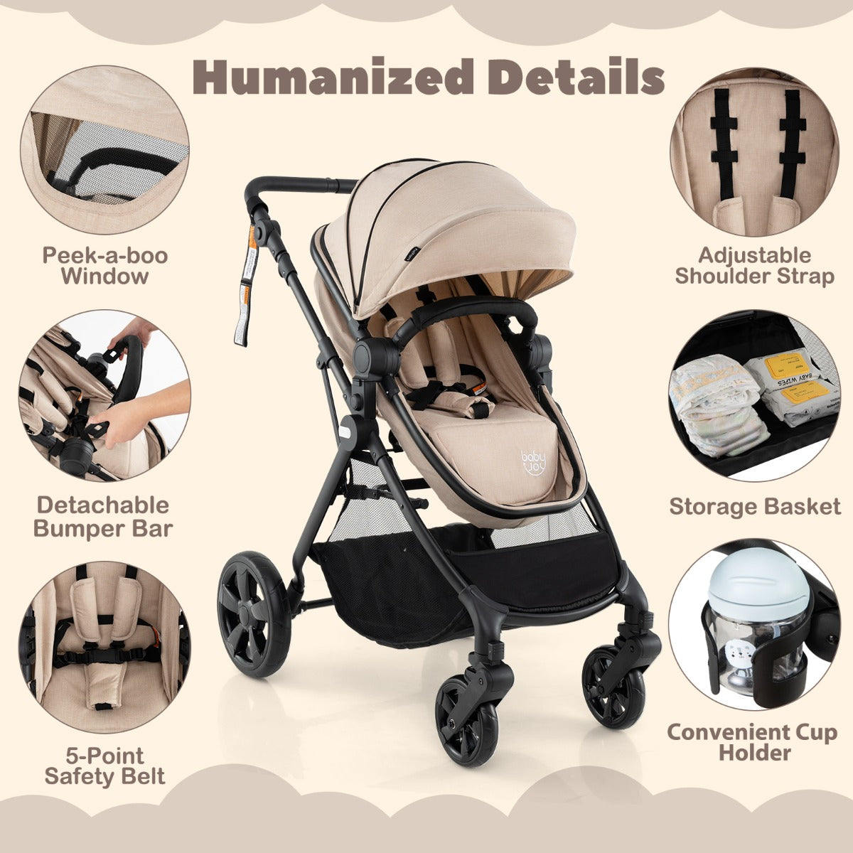 Folding Infant Stoller with Adjustable Canopy and Backrest for Kids-Beige