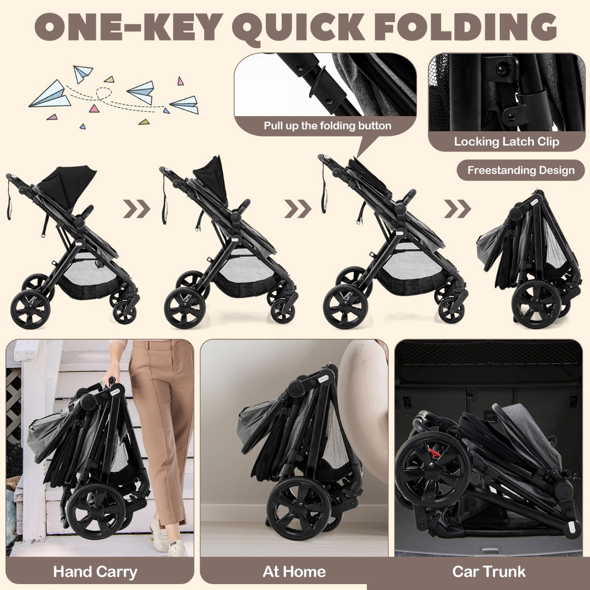 Folding Infant Stoller with Adjustable Canopy and Backrest for Kids-Black