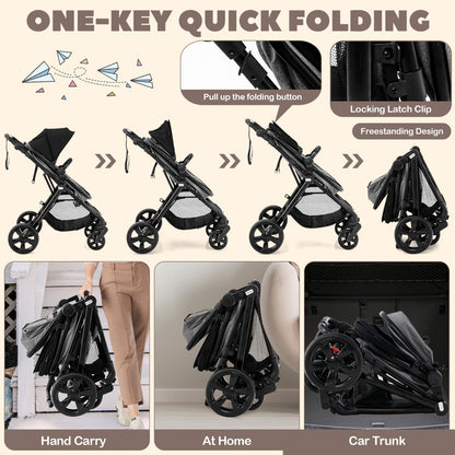 Folding Infant Stoller with Adjustable Canopy and Backrest for Kids-Black