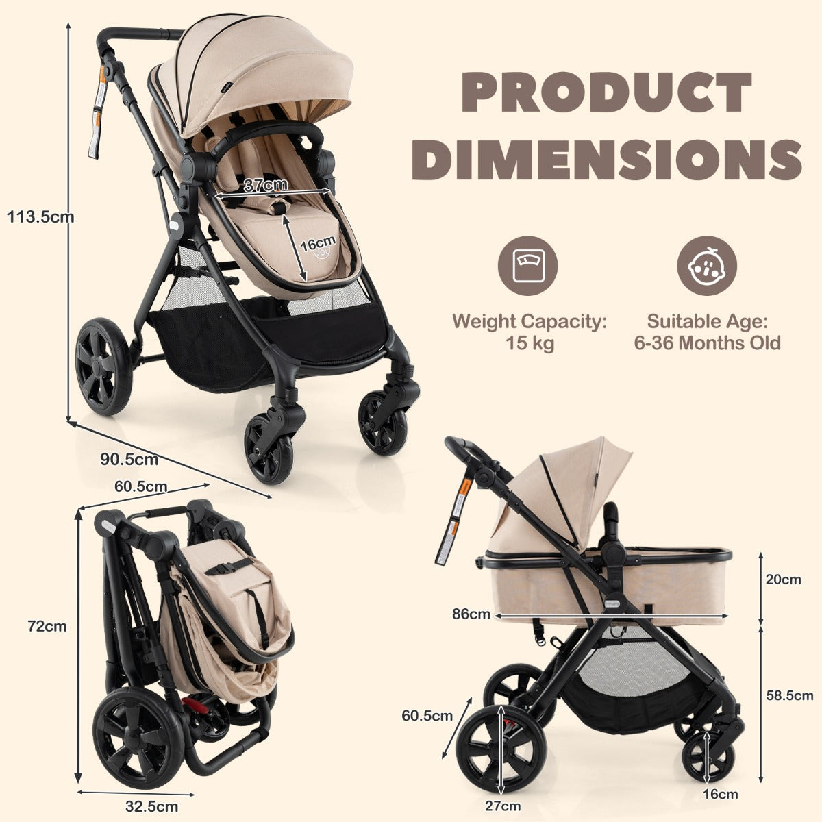 Folding Infant Stoller with Adjustable Canopy and Backrest for Kids-Beige