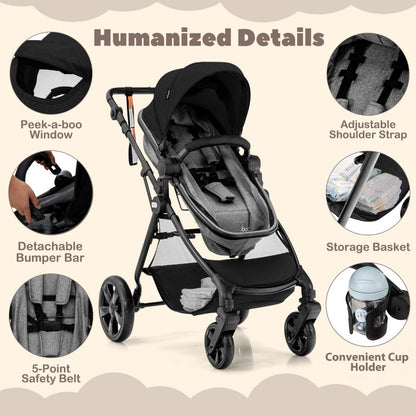 Folding Infant Stoller with Adjustable Canopy and Backrest for Kids-Black