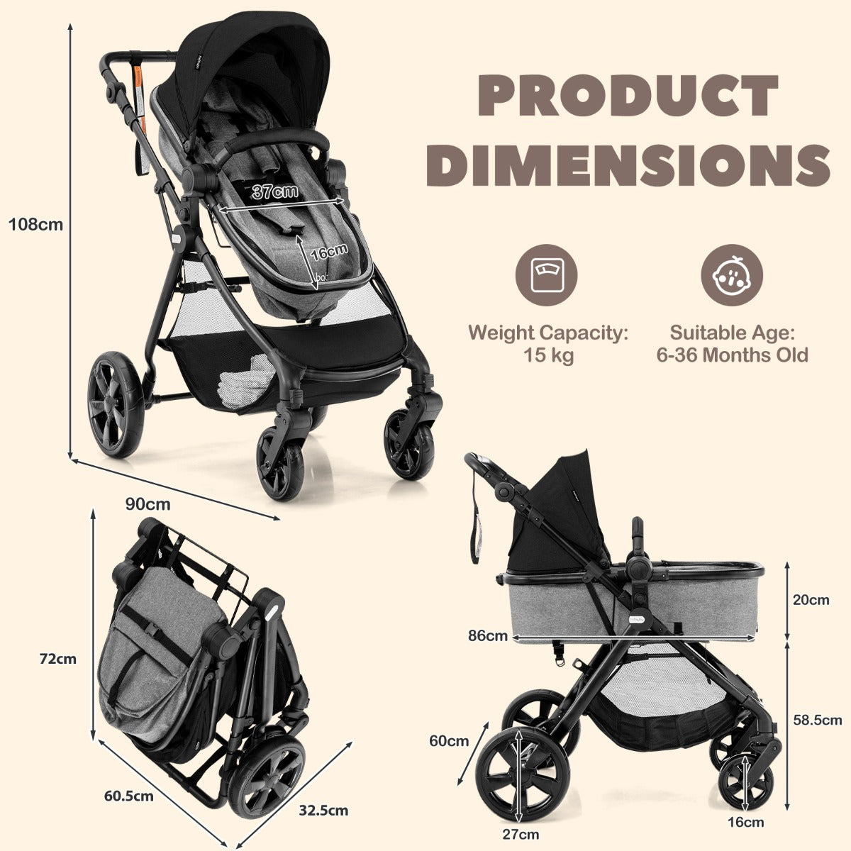 Folding Infant Stoller with Adjustable Canopy and Backrest for Kids-Black