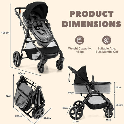 Folding Infant Stoller with Adjustable Canopy and Backrest for Kids-Black