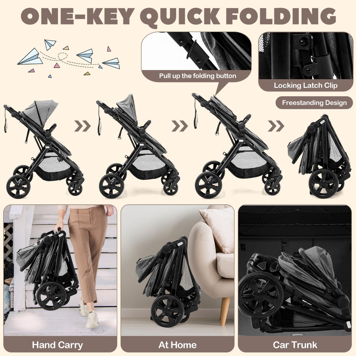 Folding Infant Stoller with Adjustable Canopy and Backrest for Kids