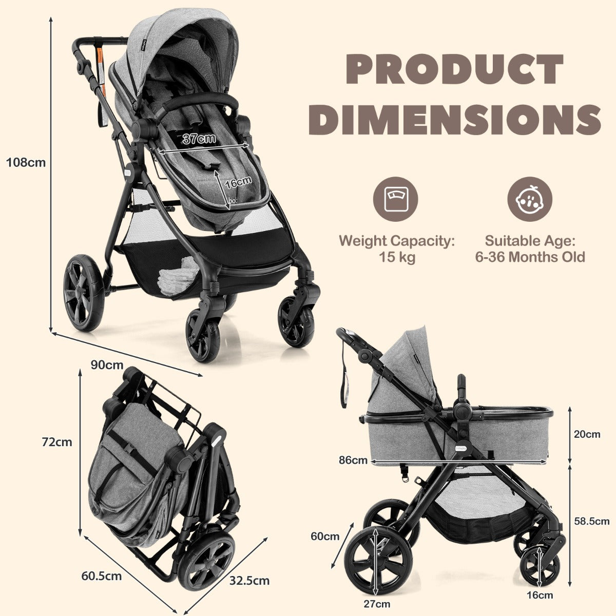 Folding Infant Stoller with Adjustable Canopy and Backrest for Kids