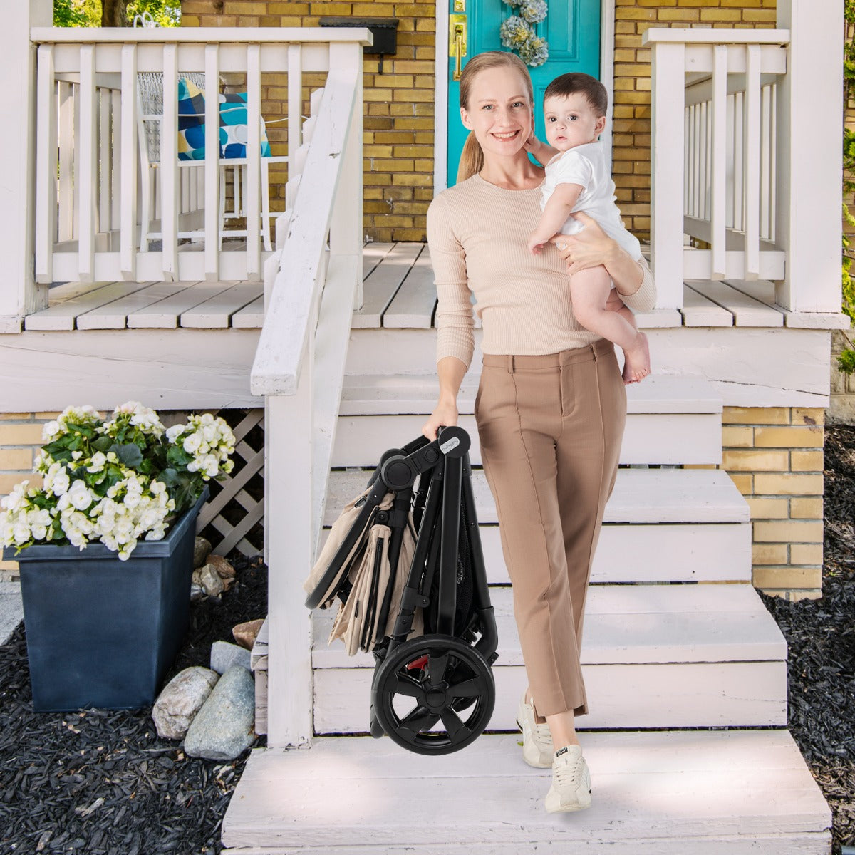 Folding Infant Stoller with Adjustable Canopy and Backrest for Kids-Beige