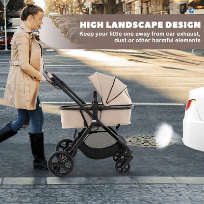 Folding Infant Stoller with Adjustable Canopy and Backrest for Kids-Beige