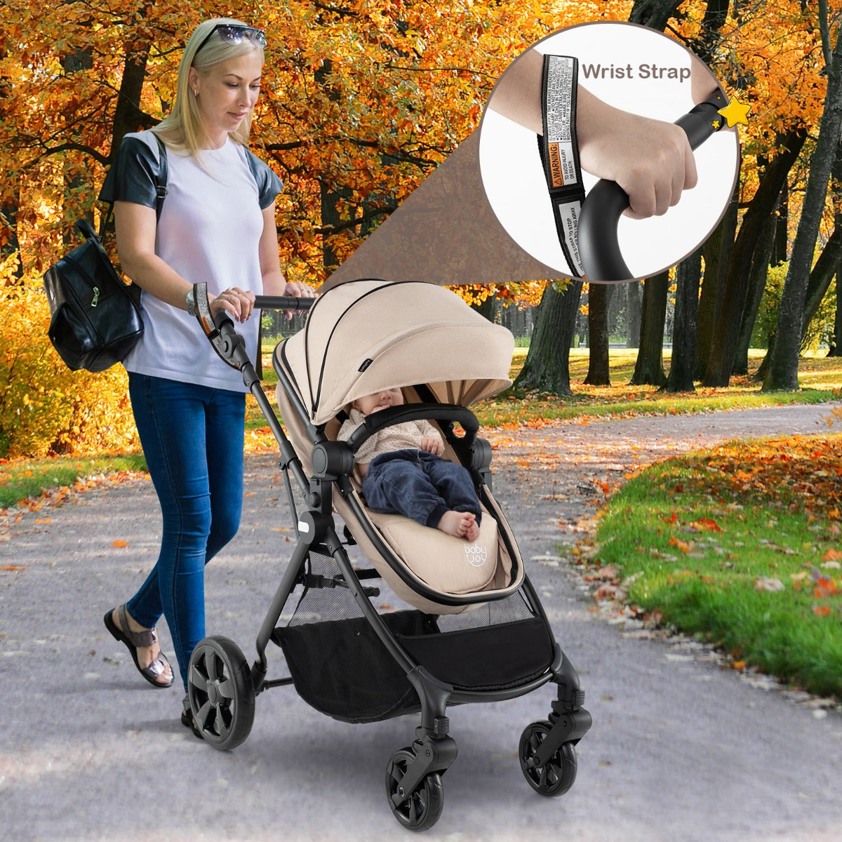 Folding Infant Stoller with Adjustable Canopy and Backrest for Kids-Beige
