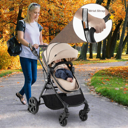 Folding Infant Stoller with Adjustable Canopy and Backrest for Kids-Beige