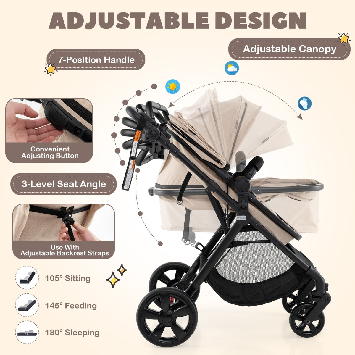 Folding Infant Stoller with Adjustable Canopy and Backrest for Kids-Beige