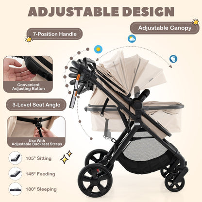 Folding Infant Stoller with Adjustable Canopy and Backrest for Kids-Beige