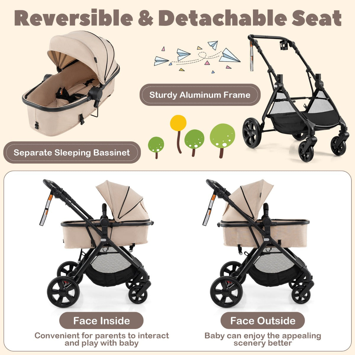 Folding Infant Stoller with Adjustable Canopy and Backrest for Kids-Beige