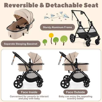 Folding Infant Stoller with Adjustable Canopy and Backrest for Kids-Beige