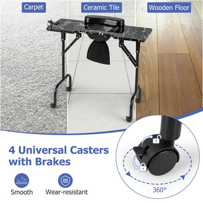 Folding Manicure Table with Dust Collector and Adjustable LED Lamp - Black