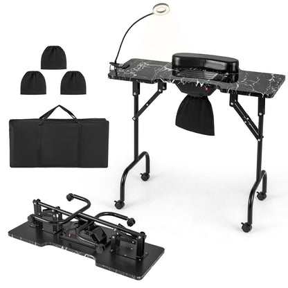 Folding Manicure Table with Dust Collector and Adjustable LED Lamp - Black