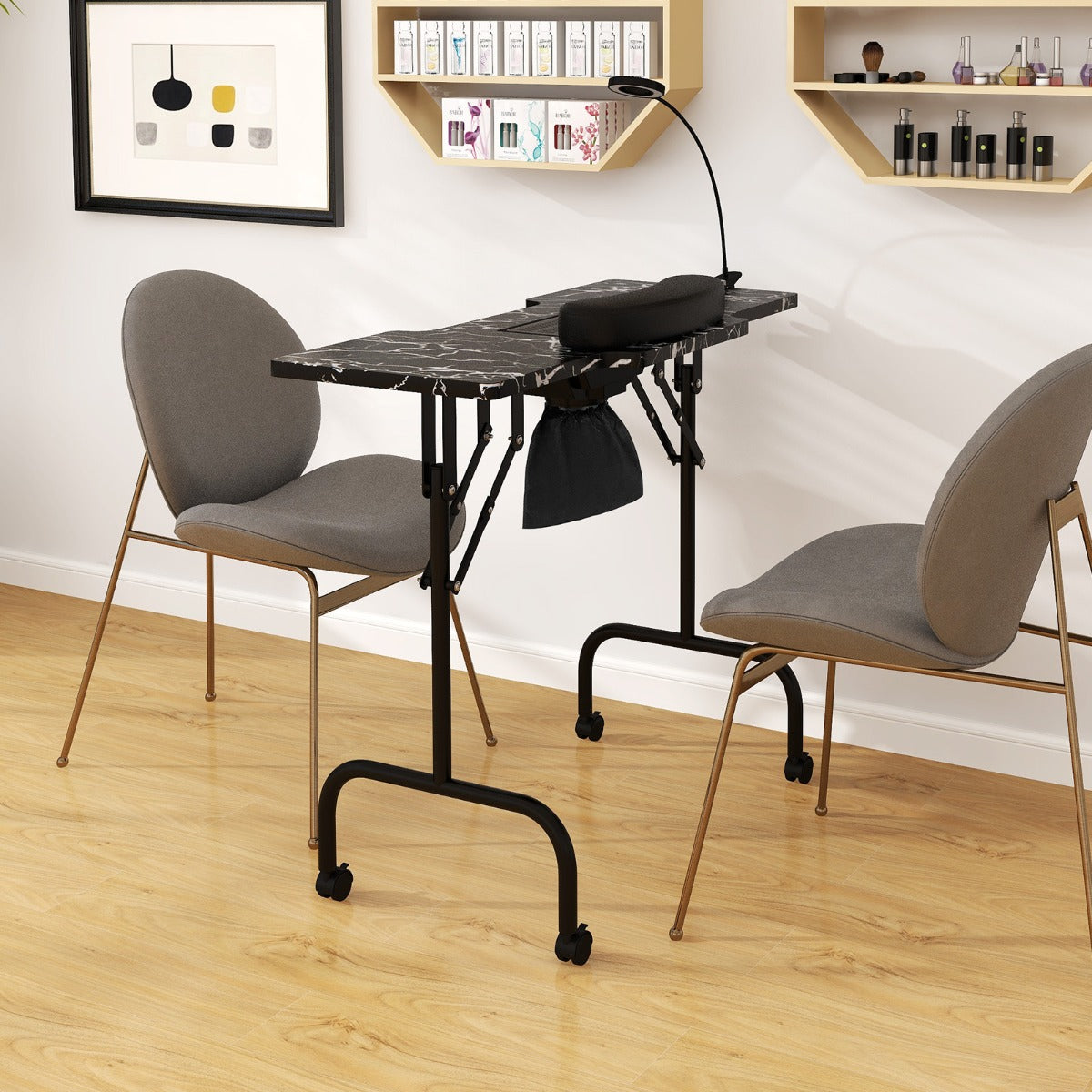 Folding Manicure Table with Dust Collector and Adjustable LED Lamp - Black