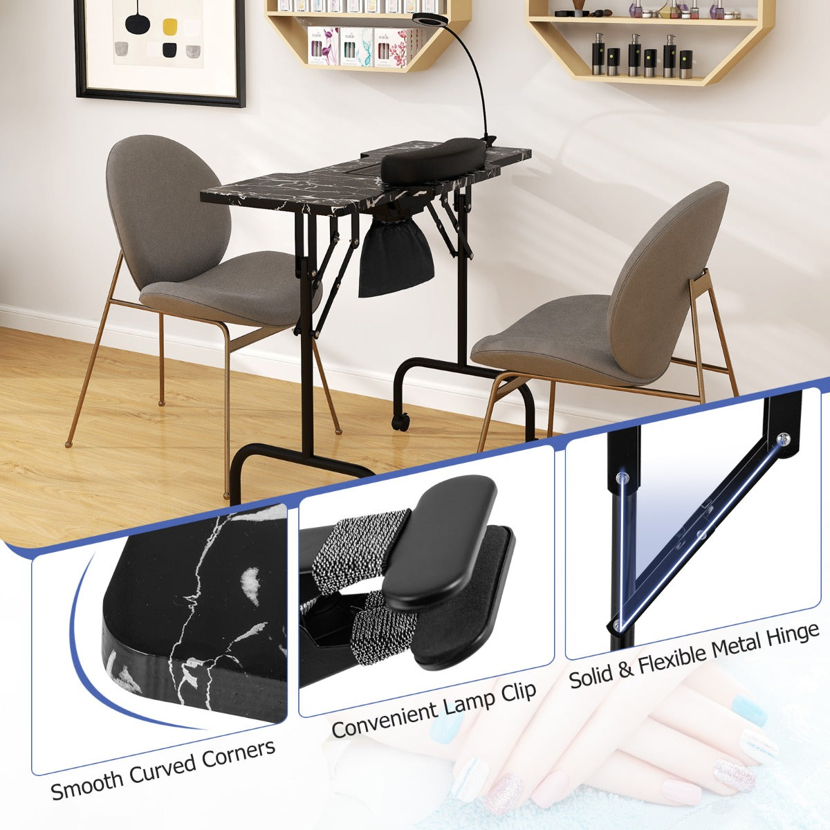Folding Manicure Table with Dust Collector and Adjustable LED Lamp - Black