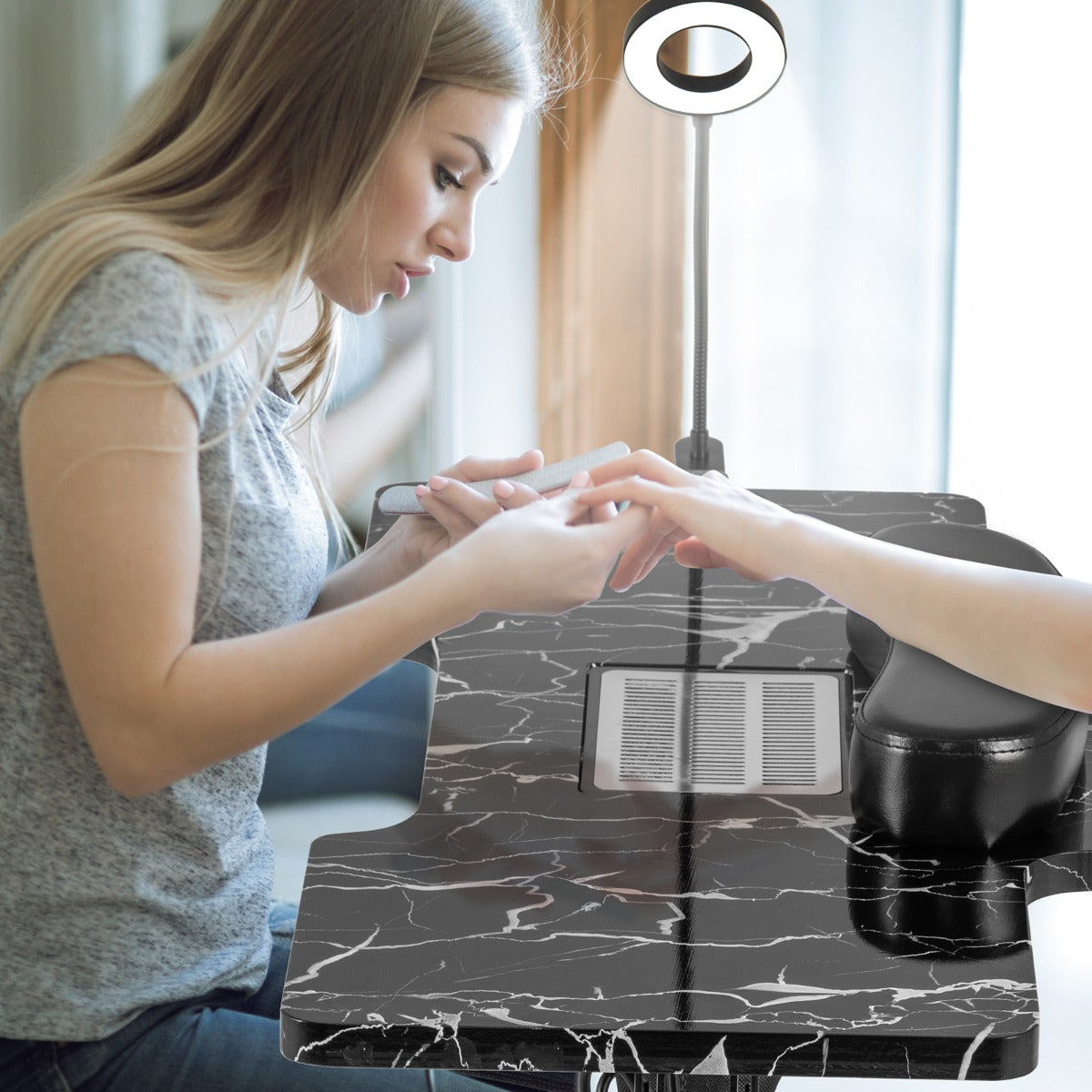 Folding Manicure Table with Dust Collector and Adjustable LED Lamp - Black