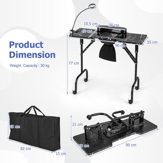 Folding Manicure Table with Dust Collector and Adjustable LED Lamp - Black