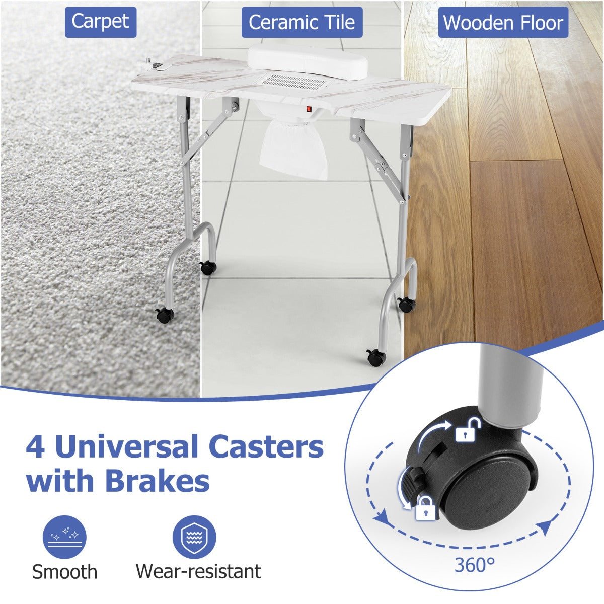 Folding Manicure Table with Dust Collector & Adjustable LED Lamp, White