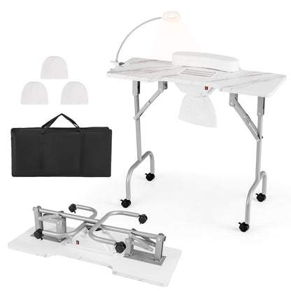 Folding Manicure Table with Dust Collector & Adjustable LED Lamp, White