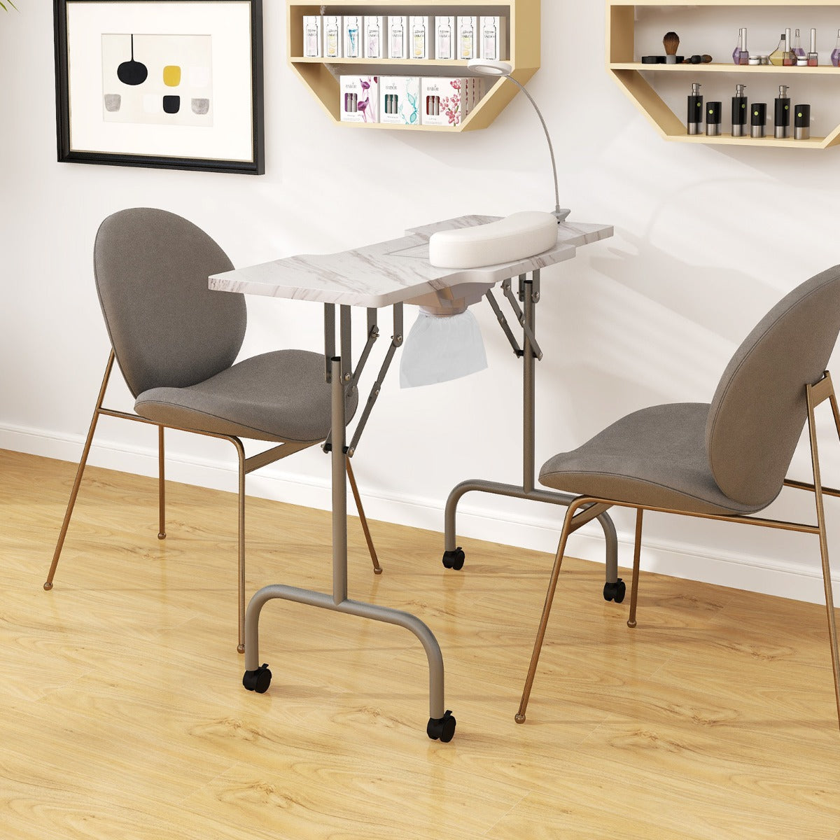 Folding Manicure Table with Dust Collector & Adjustable LED Lamp, White