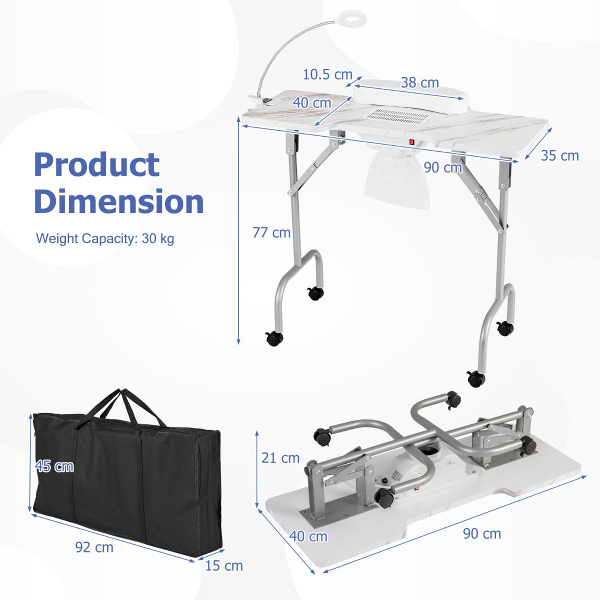 Folding Manicure Table with Dust Collector & Adjustable LED Lamp, White