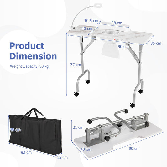 Folding Manicure Table with Dust Collector & Adjustable LED Lamp, White