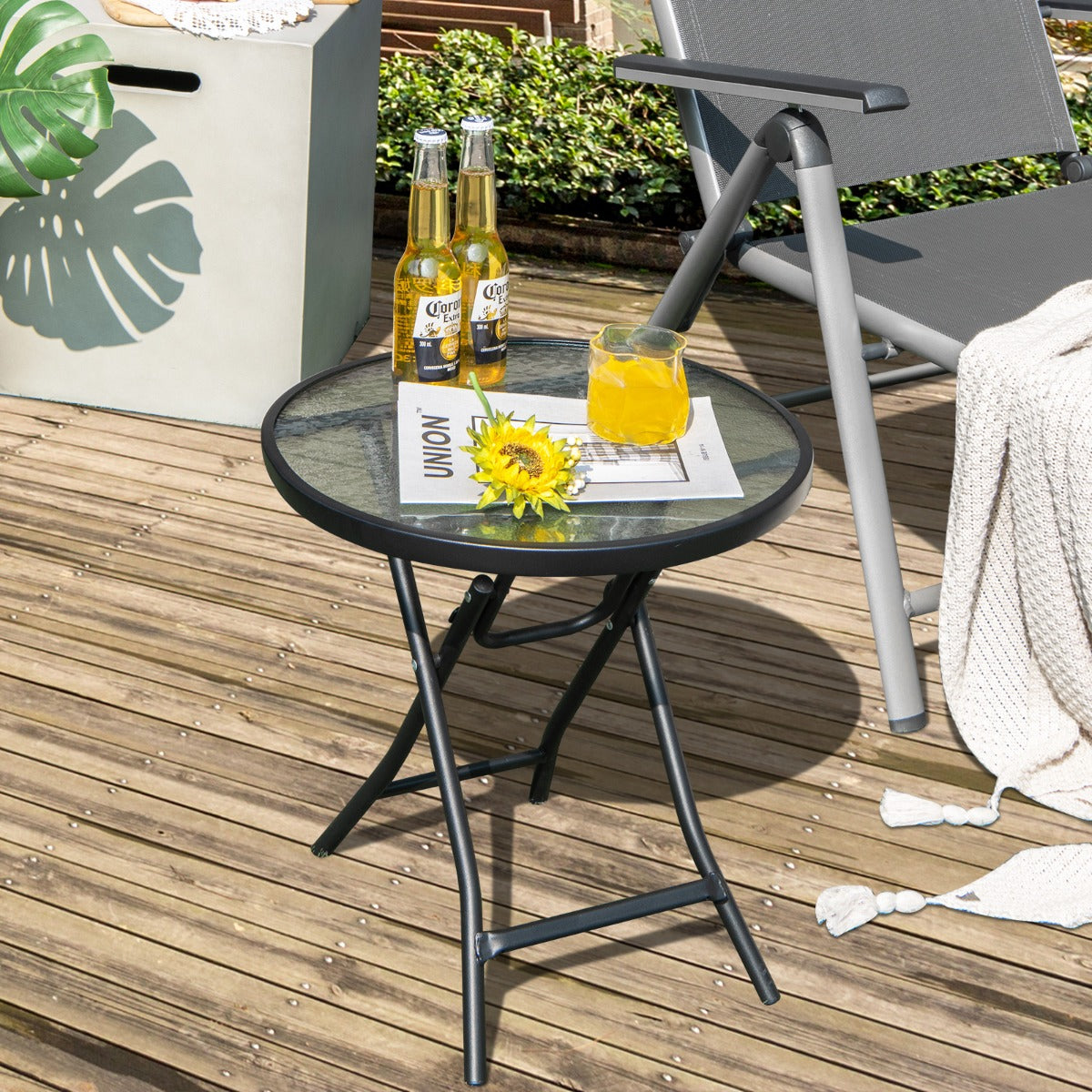 Folding Patio Side Table with Tempered Glass Tabletop