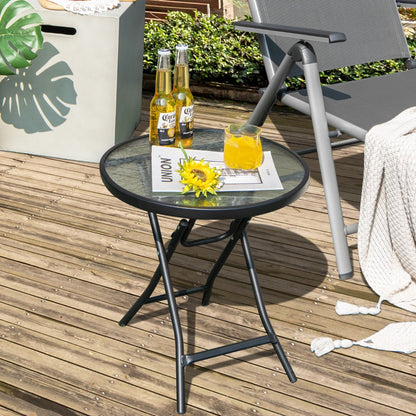 Folding Patio Side Table with Tempered Glass Tabletop
