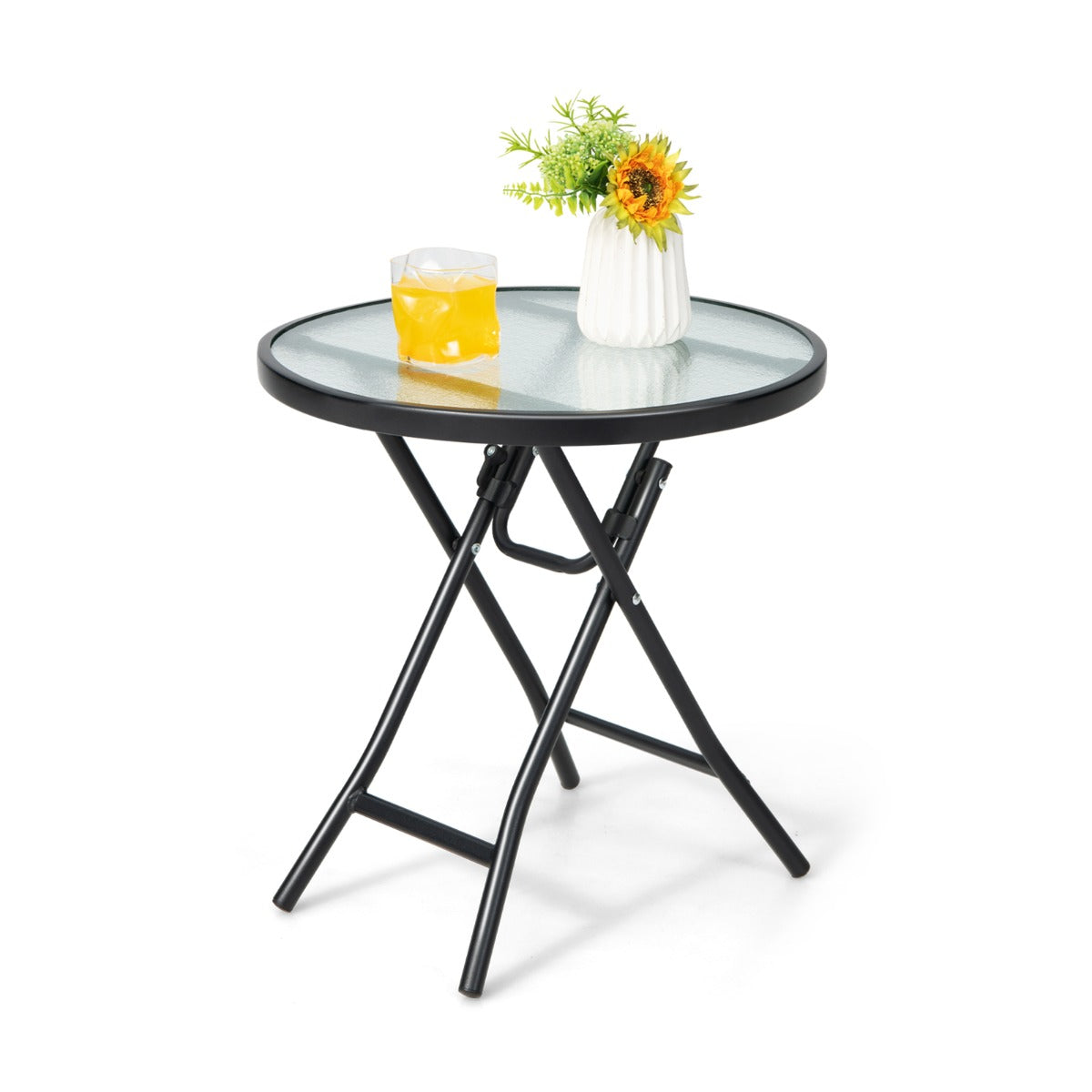 Folding Patio Side Table with Tempered Glass Tabletop
