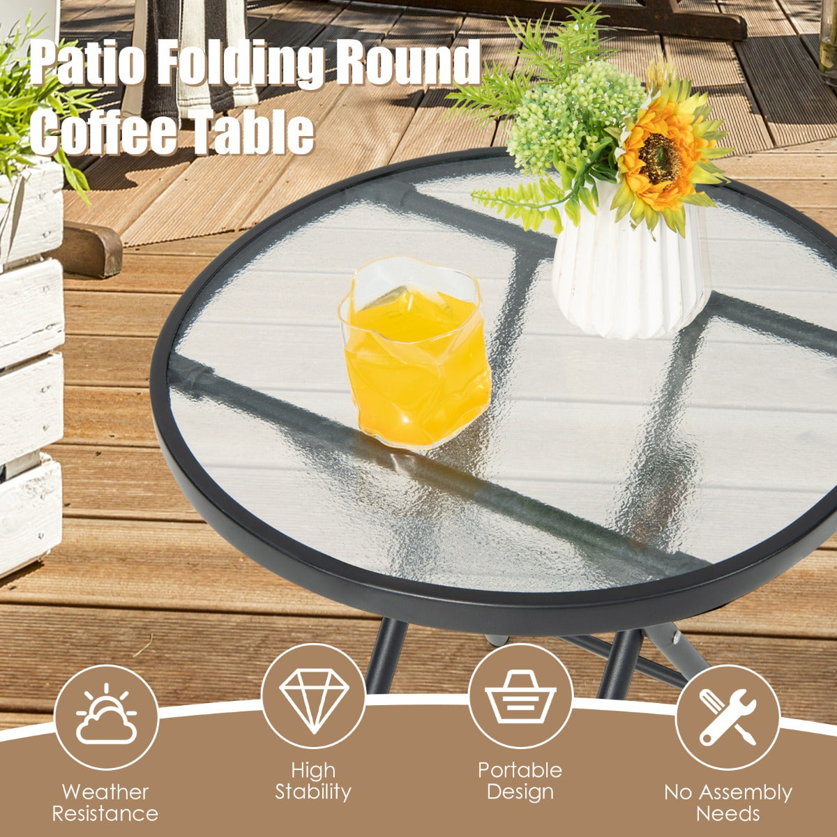 Folding Patio Side Table with Tempered Glass Tabletop