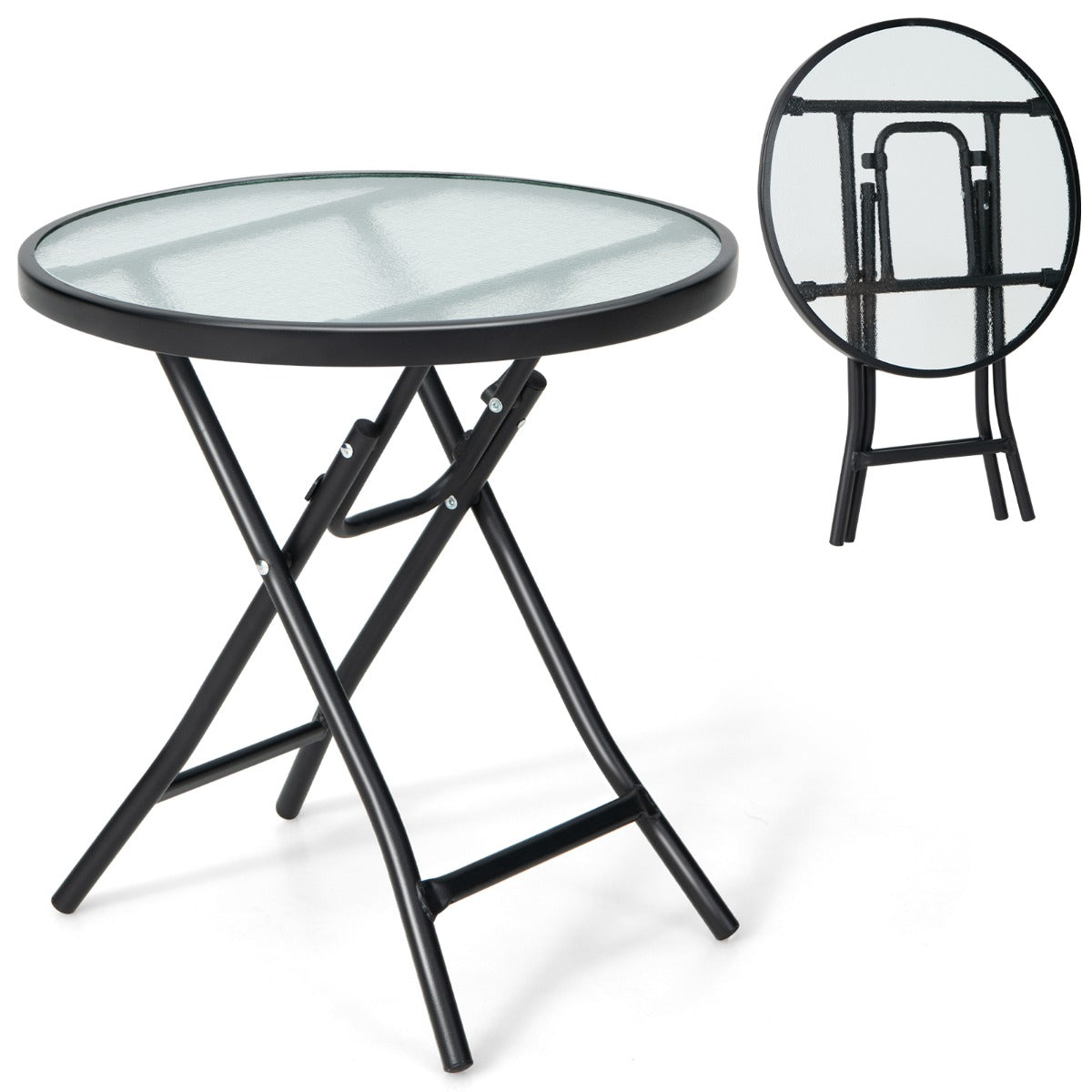 Folding Patio Side Table with Tempered Glass Tabletop