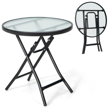 Folding Patio Side Table with Tempered Glass Tabletop