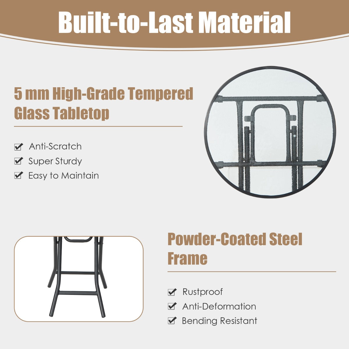 Folding Patio Side Table with Tempered Glass Tabletop