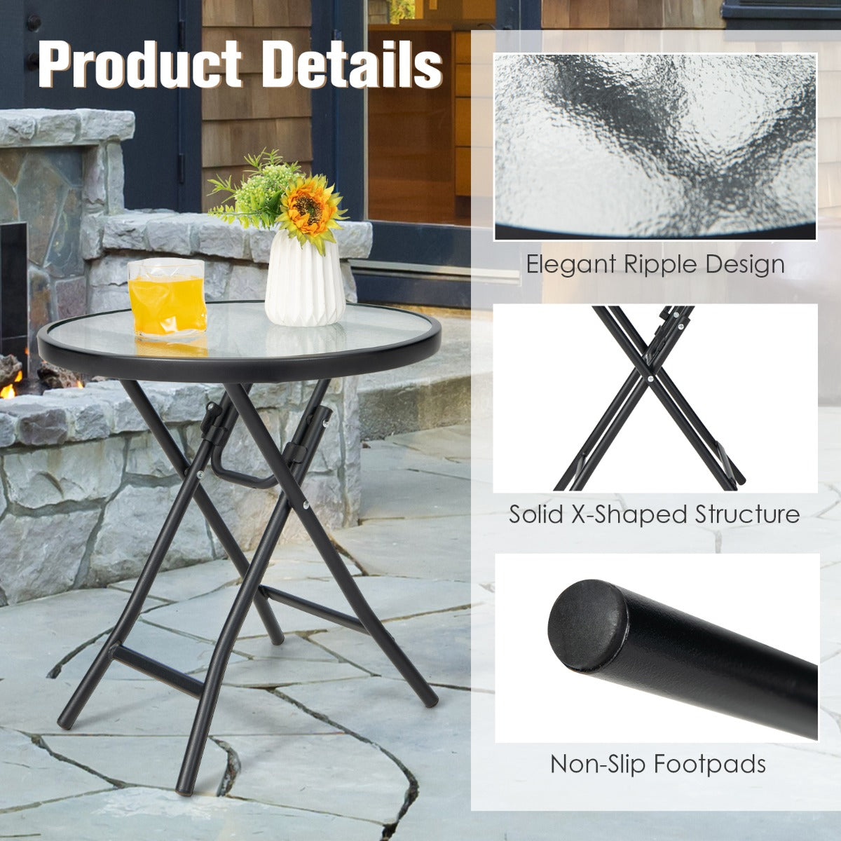 Folding Patio Side Table with Tempered Glass Tabletop