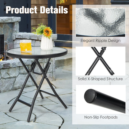 Folding Patio Side Table with Tempered Glass Tabletop