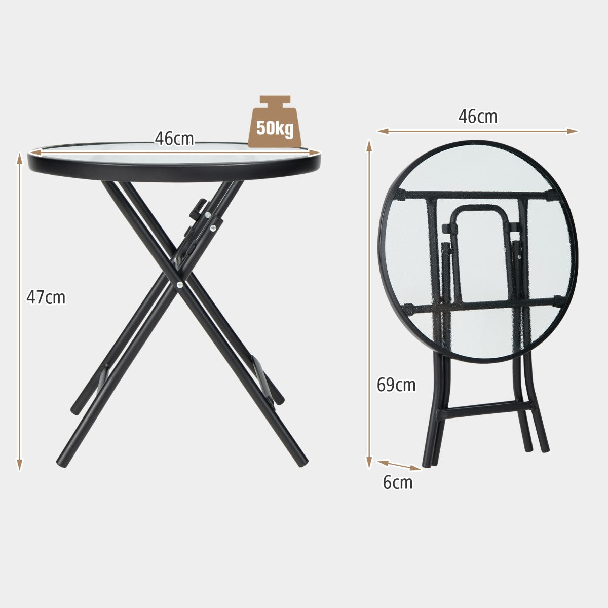 Folding Patio Side Table with Tempered Glass Tabletop