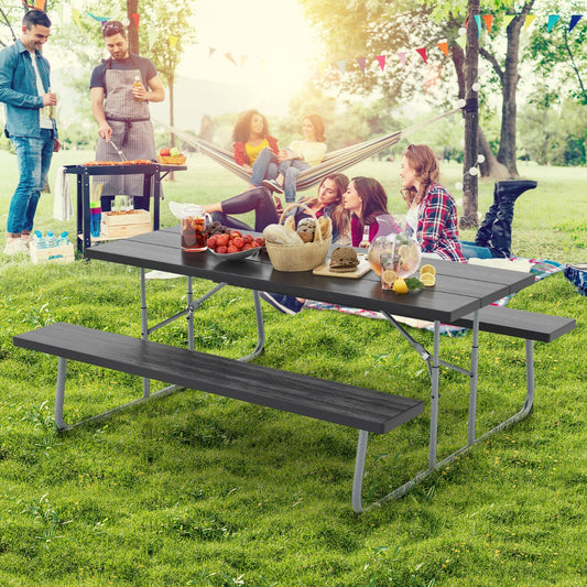 Costway Folding Picnic Table with 2 Benches with Metal Frame and All-Weather HDPE Tabletop-Black